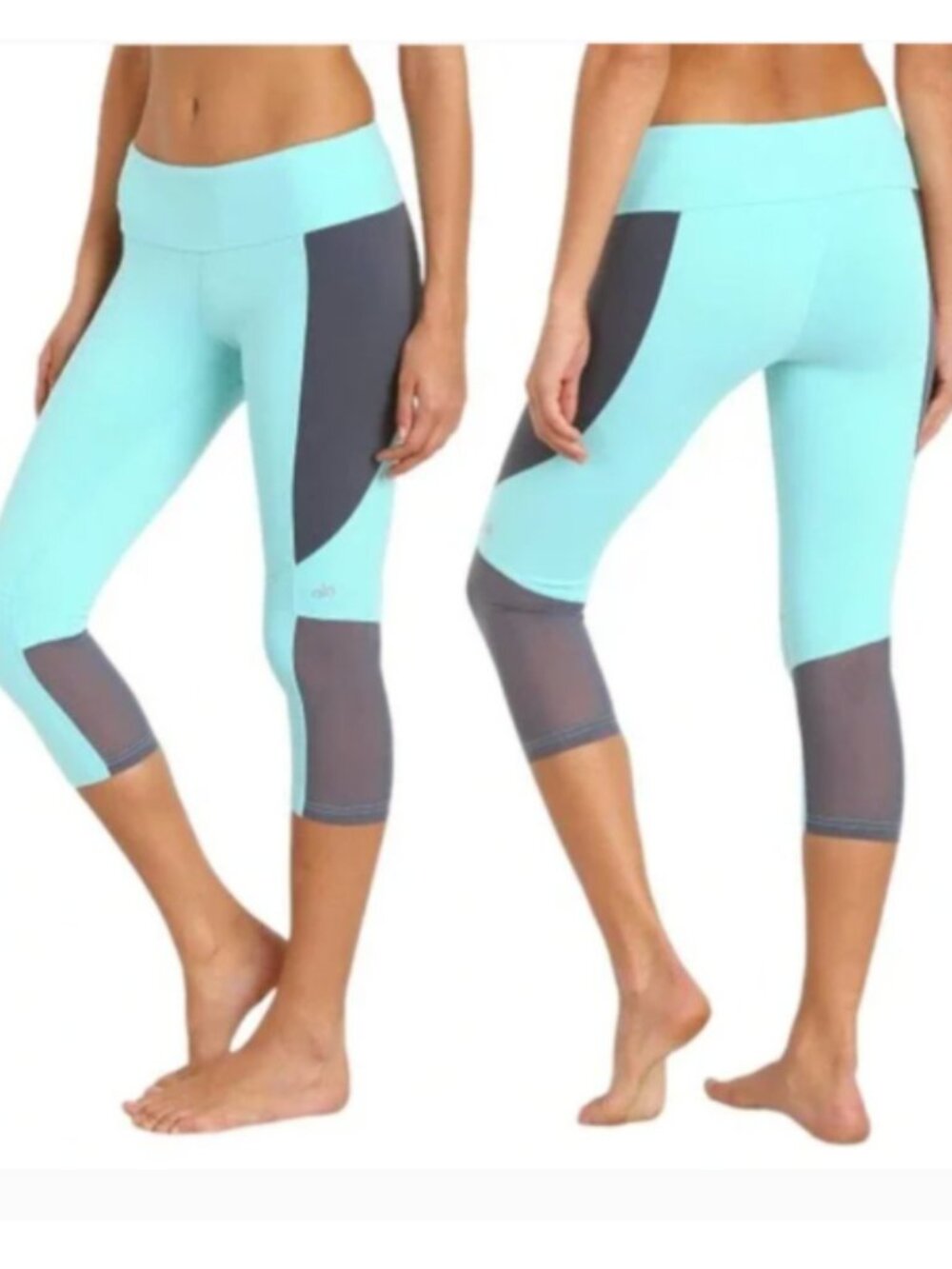 Alo Yoga Capri Leggings Womens Small Mint Green Gray Mesh Panel Cropped Stretch